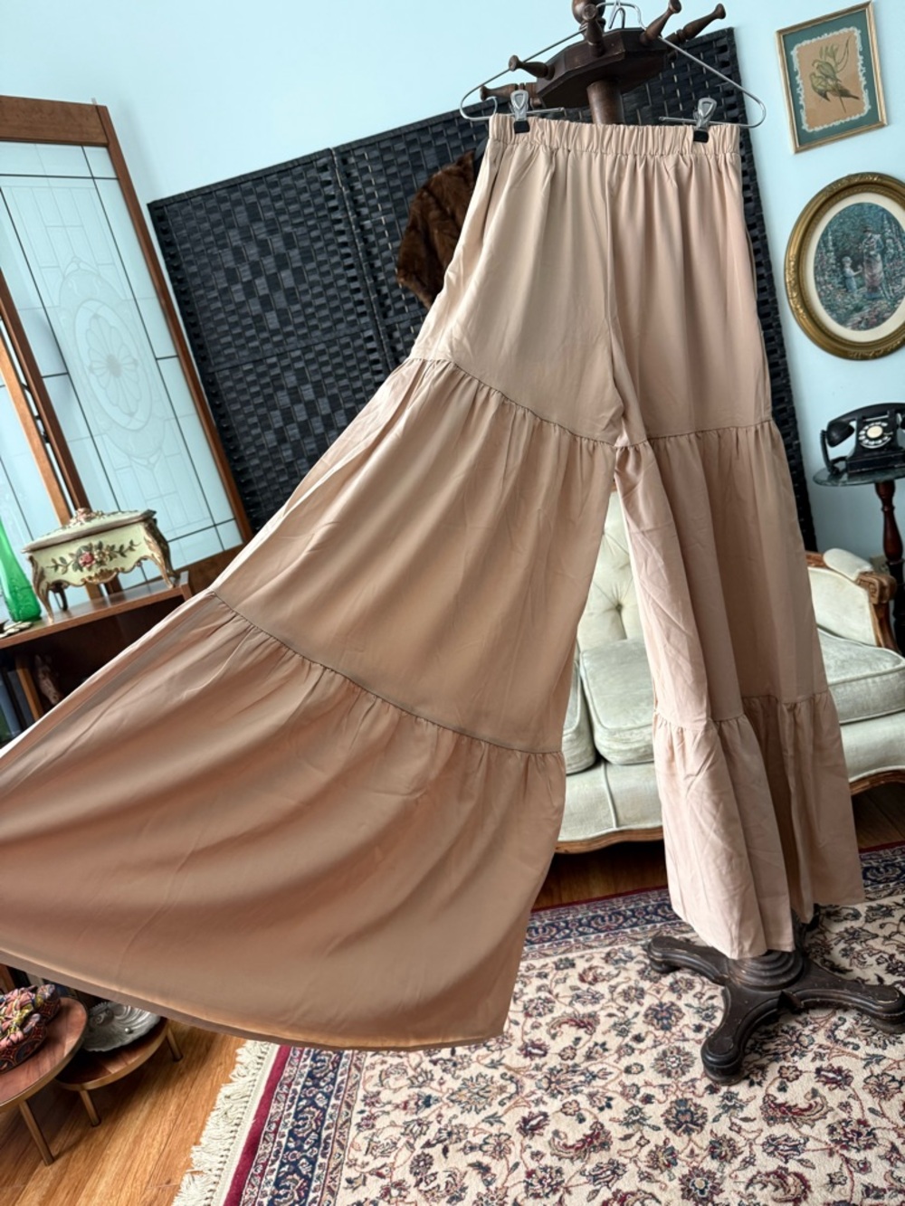 🤎 FAERIesty Neutral Two Piece Set Tiered Wide Leg Pants Crop Top Boho Chic Sz S - Picture 7 of 14